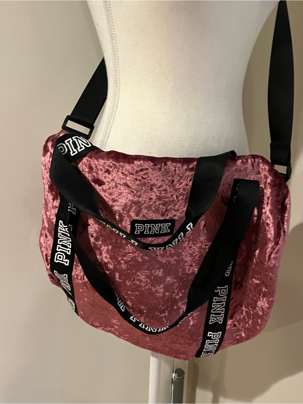PINK Victoria's Secret Pink Crushed Velvet Duffel Tote with Black Logo Straps